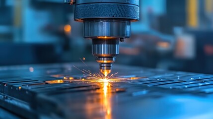 Precision laser cutting machine sparks fly as it etches metal sheet industrial machine