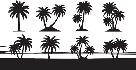 Obraz premium Tropical beach palm tree silhouettes vector set for logo and resort design elements