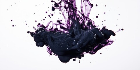 Dark purple ink dissolving and swirling in clear water with small droplets