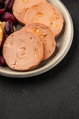 Foie gras pate goose liver delicacy tasty snack fresh delicious gourmet food background on the table rustic top view copy space