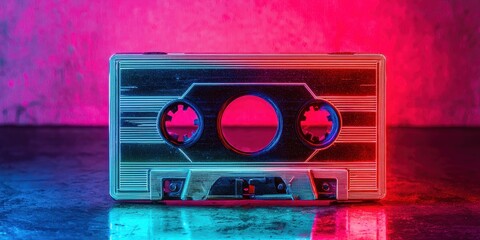Retro cassette tape glowing with neon blue and red light against a pink backdrop