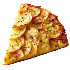 A delicious slice of crispy potato pizza layered with thin potato slices and herbs isolated on white