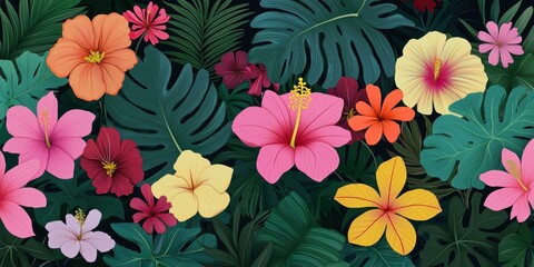 Vibrant hibiscus flowers and lush tropical leaves create a rich botanical pattern on a dark background
