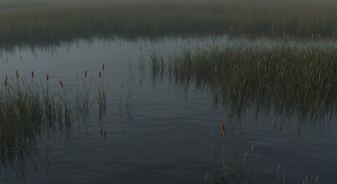 Cattails in a dark body of water amidst tall grass still gloomy