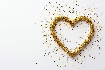 Gold glitter heart shape surrounded by scattered gold confetti on a white background