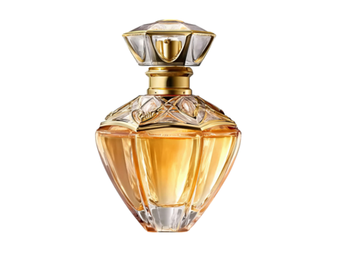 the bottle of perfume is made of golden metal and glass, which has an elegant design. the overall shape resembles the surface of a diamond or gemstone, giving it a high-end quality. it is surrounded b