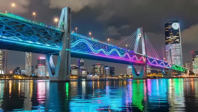 Illuminated Cable-Stayed Bridge at Night with Colorful Lights Reflecting on Water