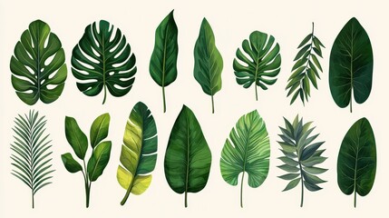 Collection of diverse green tropical plant leaves illustrated in watercolor style