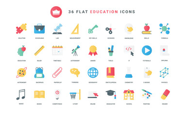 Fototapeta premium School and university knowledge and skills, diploma of graduate student, sport science, research with laboratory microscope. Education, scholarship trendy flat icons set vector illustration