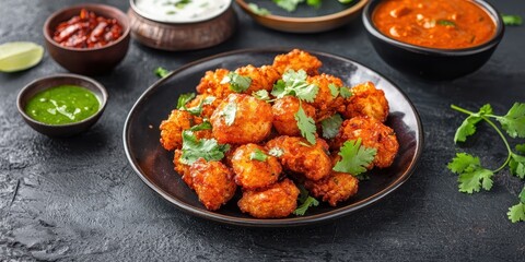 Crispy golden fried cauliflower bites seasoned with spices and garnished with fresh cilantro