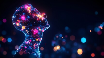 Stylized glowing light network forming a human head. Visualizes disease, neurological disorders, or conceptual data processing. Perfect to illustrate health and technological advancement themes.