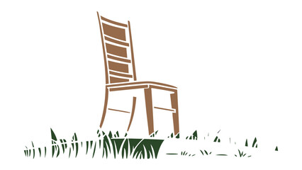 Minimalist illustration of a classic wooden chair standing gracefully in a vibrant green grassy field, symbolizing natural comfort, serene outdoor living, and eco-friendly furniture design