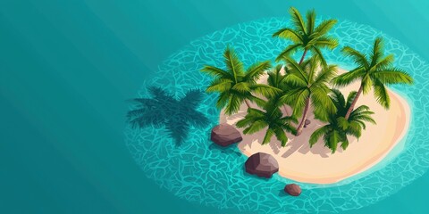 Tropical island with palm trees and rocks surrounded by clear turquoise ocean water