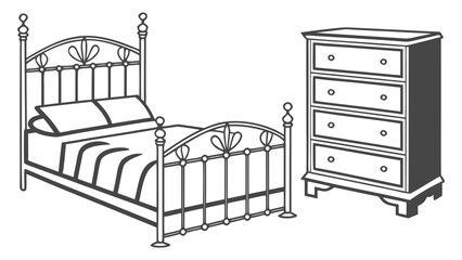 Ornate Metal Bed and Traditional Wooden Dresser Line Art. A classic bedroom furniture set illustration, perfect for home decor, interior design, and lifestyle graphics
