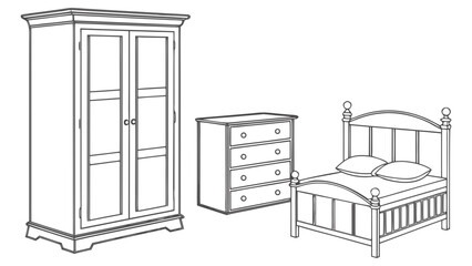 A set of bedroom furniture including a wardrobe, chest of drawers, and bed with mattress and pillows