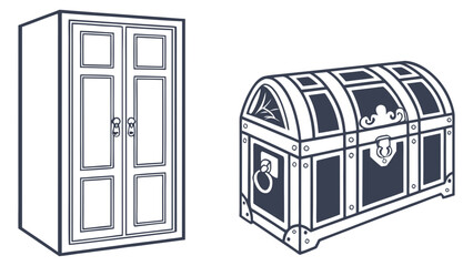 Vintage furniture line art wardrobe and treasure chest