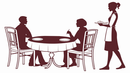 Elegant Silhouette of Restaurant Service Featuring a Waitress Attending to a Couple Seated at a Dining Table, Portraying Fine Dining Experience