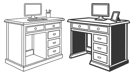 Minimalist black and white vector illustrations showcasing a classic wooden office desk with a computer setup, presented as detailed line art and a bold silhouette, perfect for graphic design