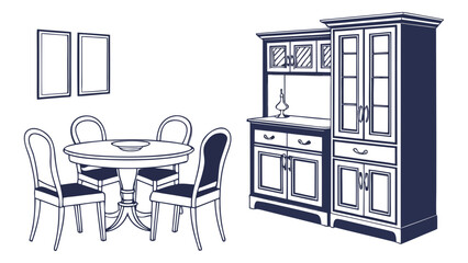 Classic dining room furniture vector illustration featuring a round table, chairs, and elegant storage cabinets, ideal for interior design concepts