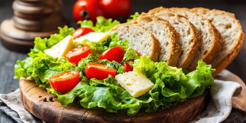 Fresh lettuce tomatoes and cheese arranged with sliced bread on a wooden board