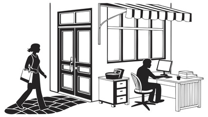 Illustrator of a woman walking past an office with a man working at a computer near a printer