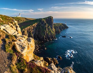 Coastal landscape features rocky cliffs, blue ocean, a path, two lighthouses, with a sunset's warm glow on the scene