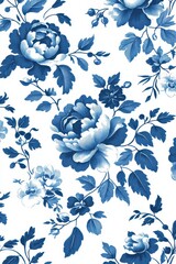 Detailed blue floral pattern featuring peonies and leaves on a white background rendered in a vintage style