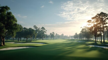 Obraz premium Serene Morning Light Over Tranquil Golf Course Surrounded by Lush Greenery and Majestic Trees, Perfect for Outdoor Activities and Relaxation
