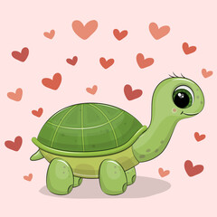Cute cartoon Turtle with hearts. Vector illustration of animal on pink background with red hearts.