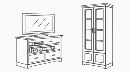 Outline sketch of a modern home entertainment center and a tall storage cabinet with glass doors for interior design concepts