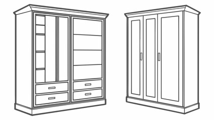 Line art of classic wooden wardrobes an open cabinet with shelves and drawers, and a closed two-door armoire. Ideal for home interior design, storage, and furnishing
