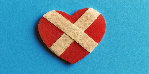 Red heart shape with beige medical plaster strips against a textured blue background
