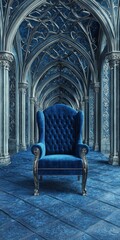 Ornate blue velvet armchair in a grand gothic hall with arched ceilings and columns