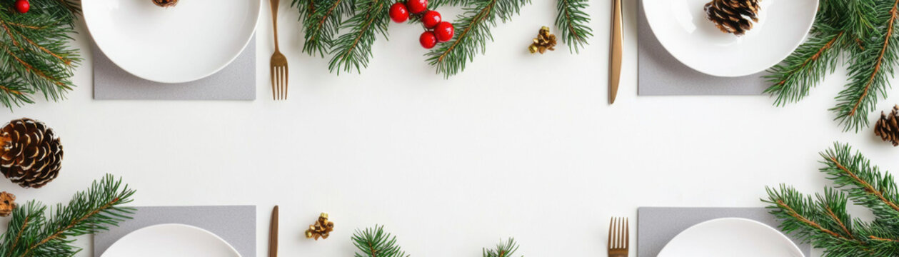 Christmas minimal table setting with pine branches plate gold cutlery pinecone and red berry on white background festive and elegant