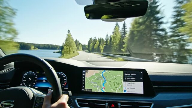 Driving Through Scenic Route with GPS Navigation System.