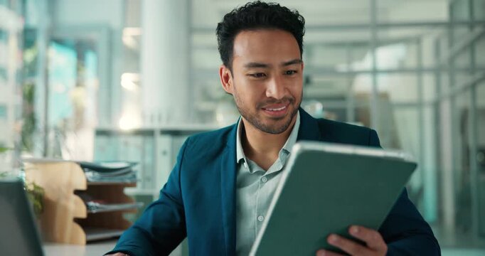 Happy, financial advisor and man with laptop, tablet and success with investment deal. Smile, person and investor in office, tech and internet with email for funding proposal, profit growth and app