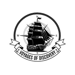 Monochrome Sailing Ship Emblem with Compass Rose and Rope Border.