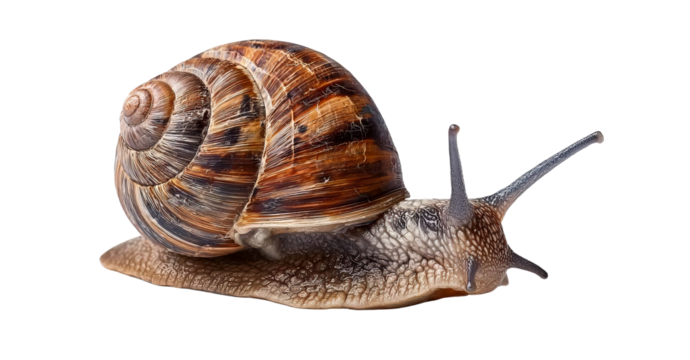  realistic snail isolated on a white background. photo-realistic, high resolution, high detail, stock photography. lighting and shadow effects, large aperture f/2.8, very sharp focus, sharp foreground