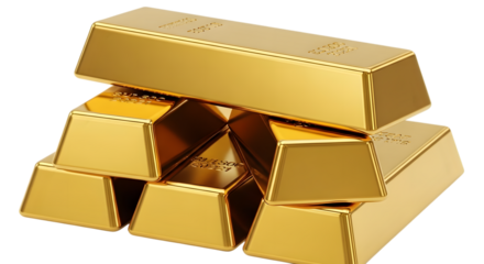 Stack of shiny polished gold bars with embossed markings isolated on a transparent background precious metal