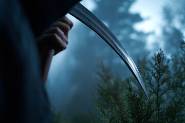Grim reaper holding scythe in a misty forest.
