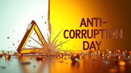 Anti-corruption day concept with shattered warning sign and scattered particles