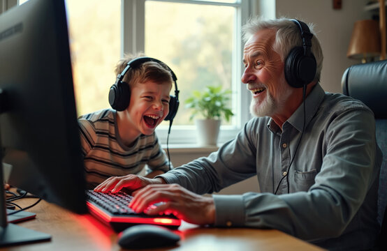 Elderly man and young boy wear headphones. They play computer games together indoors. Smiling faces express joy and fun. Family bonding over shared digital activity.