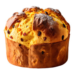 A golden brown panettone loaf a traditional Italian Christmas bread dusted with powdered sugar and filled with dried fruits presented on a clean