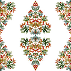 Seamless watercolor pattern with Christmas folk motifs on a white background. Hand-painted festive texture with traditional decorative elements, perfect for holiday wrapping, fabric