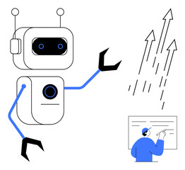 Robot with mechanical arms assisting an individual analyzing data on a board, symbolizing collaboration between AI and humans. Ideal for technology, analytics, innovation, teamwork, progress