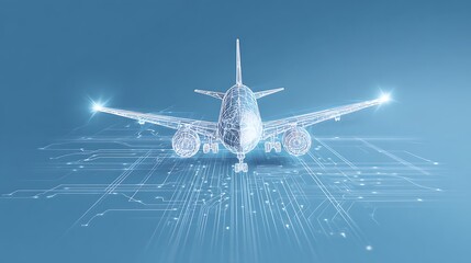 Digital Airplane Wireframe on Abstract Circuit Board Runway. Futuristic Aviation Technology and Global Travel Concept.