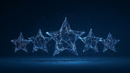 Five Star Rating Wireframe Concept. Low Poly Review System with Glowing Abstract Technology.