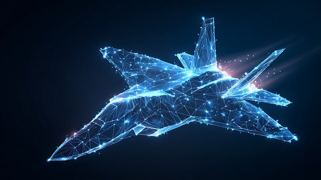 Futuristic Fighter Jet Wireframe Mesh. Abstract Low Poly Aircraft with Glowing Network Lines on Dark Background. - Powered by Adobe