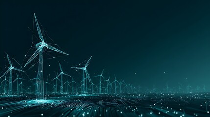 Futuristic Wind Turbines in Digital Wireframe on Tech Landscape. Renewable Energy and Green Technology Concept.