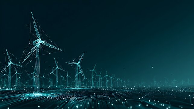 Futuristic Wind Turbines in Digital Wireframe on Tech Landscape. Renewable Energy and Green Technology Concept.